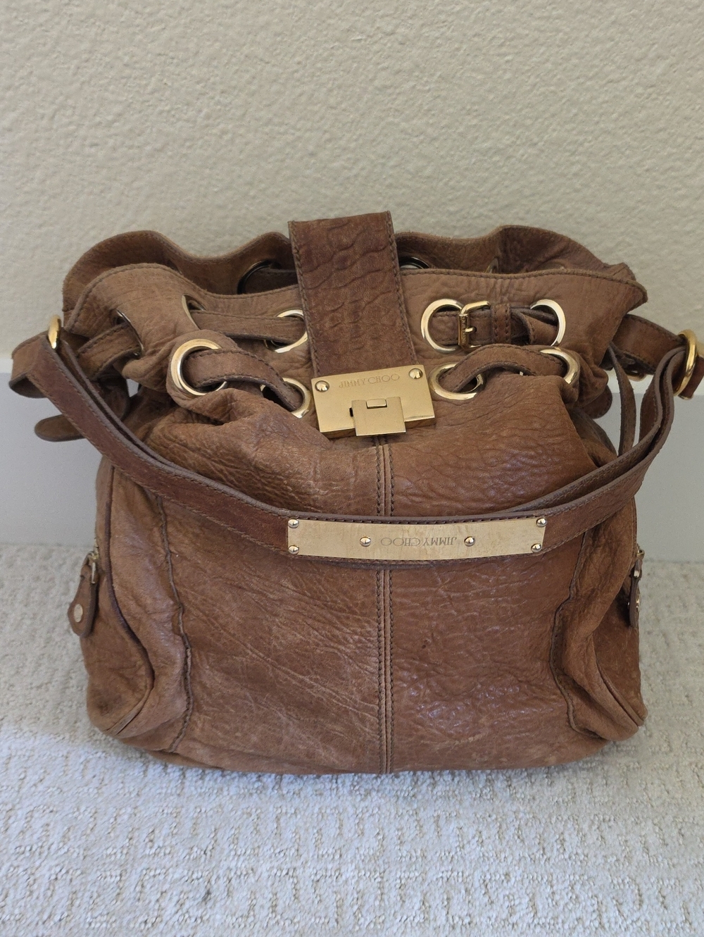 Jimmy Choo Tan Leather Drawstring Shoulder Bag with Gold Hardware